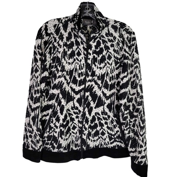 Chicos Travelers Womens Jacket Top Size 1 Medium Black White Full Zip - Picture 2 of 10